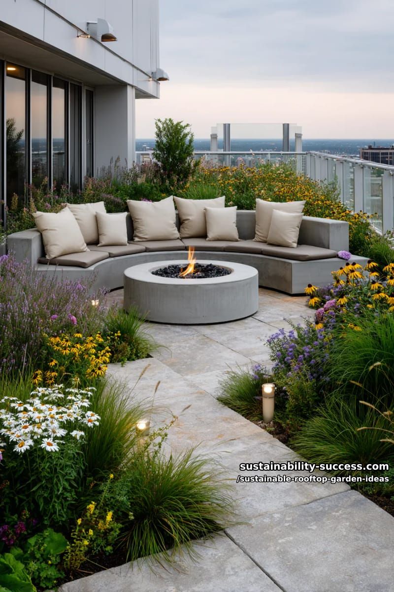 sunken fire pit lounge surrounded by native grasses and flowers 1