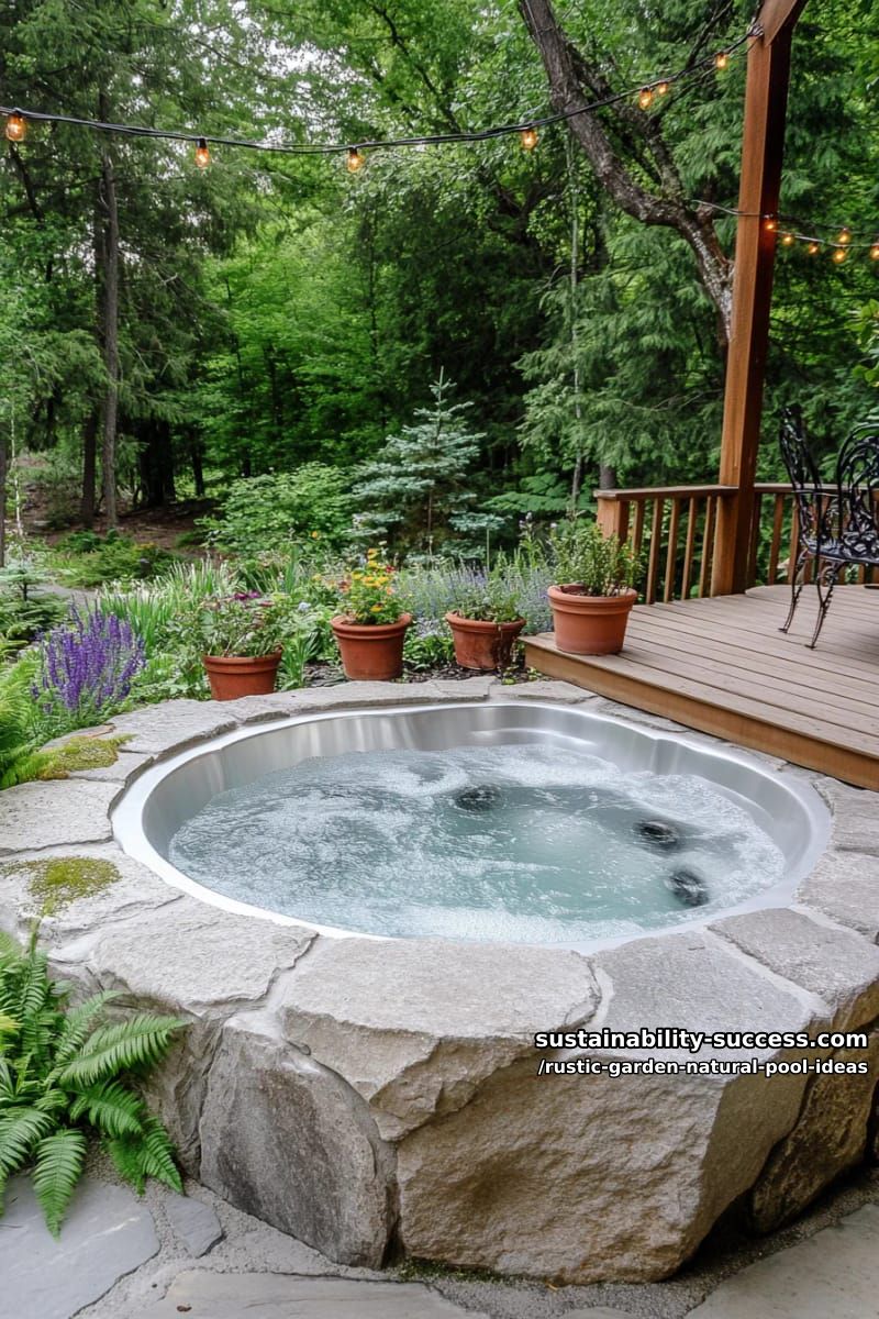 sunken hot tub with pebble edge nestled among lush garden borders 1
