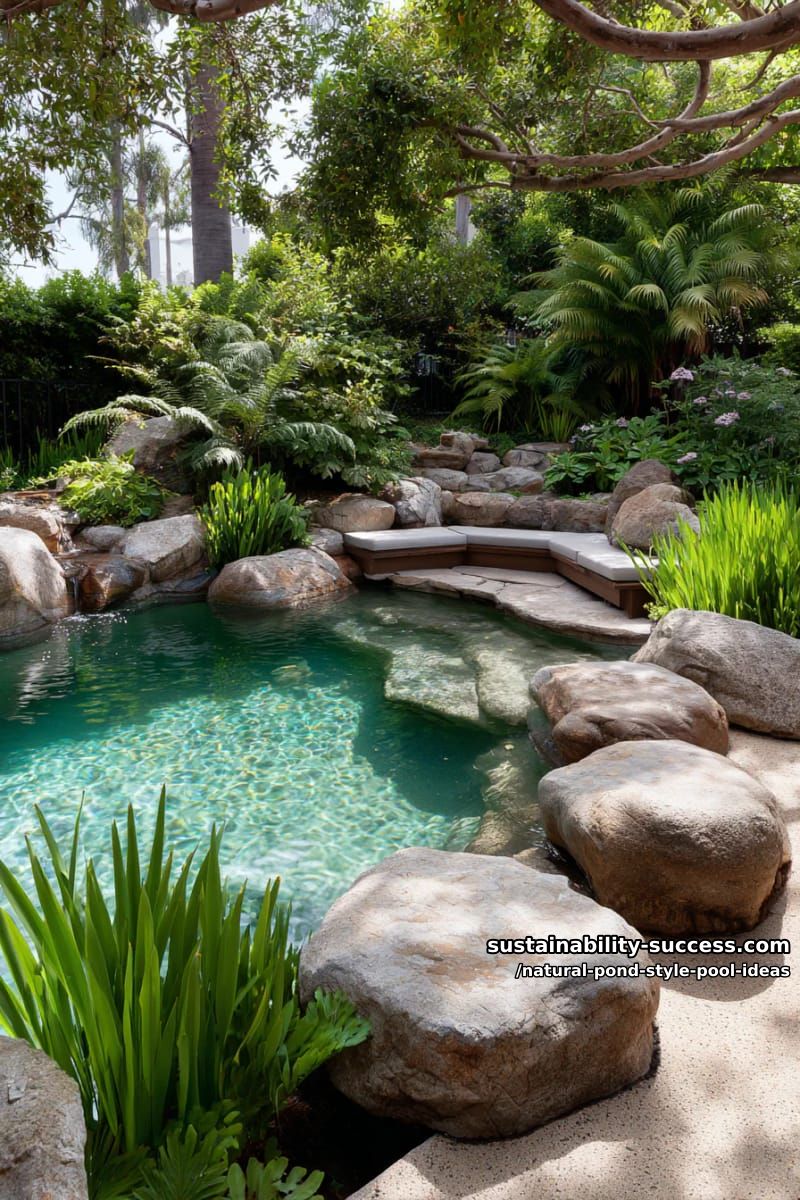 sunken lounge area with submerged stone seating and wetland plants 1