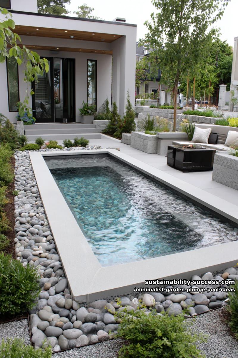 sunken plunge pool surrounded by white concrete and river stones 1