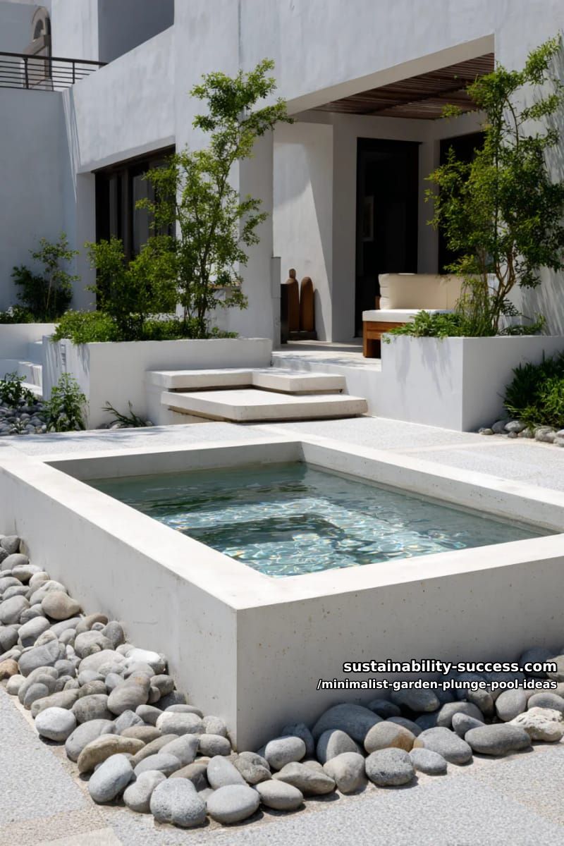 sunken plunge pool surrounded by white concrete and river stones 1