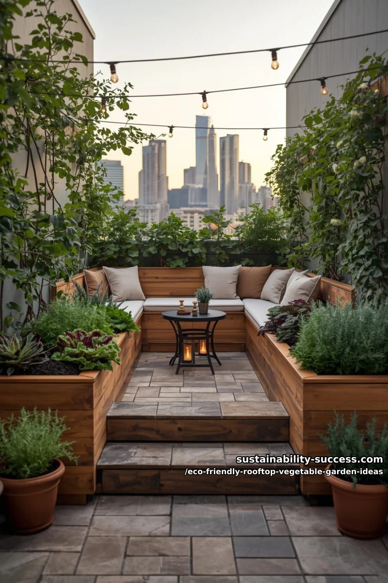 sunken seating area surrounded by lush kale and swiss chard planters 1
