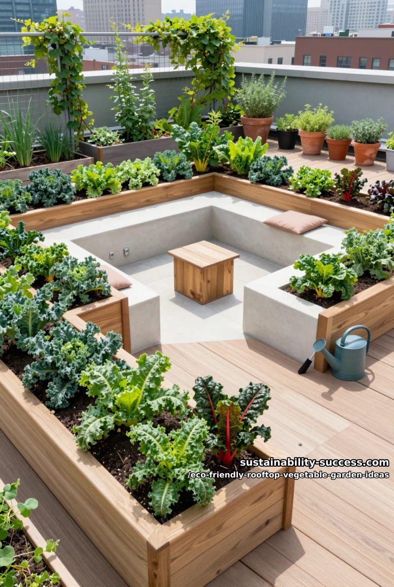 sunken seating area surrounded by lush kale and swiss chard planters 1