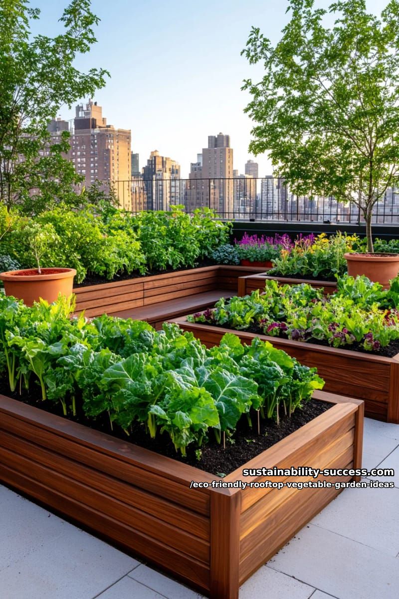 sunken seating area surrounded by lush kale and swiss chard planters 1