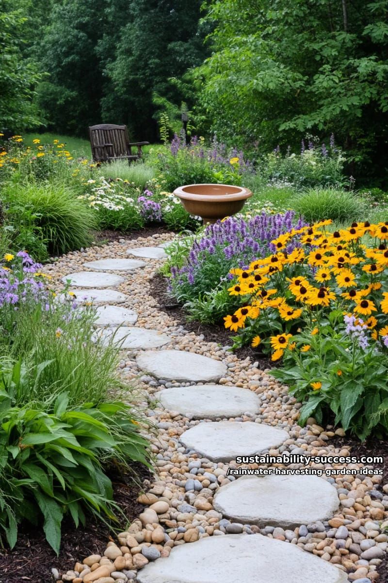 swale-lined stone pathway directing overflow into a pollinator rain garden 1