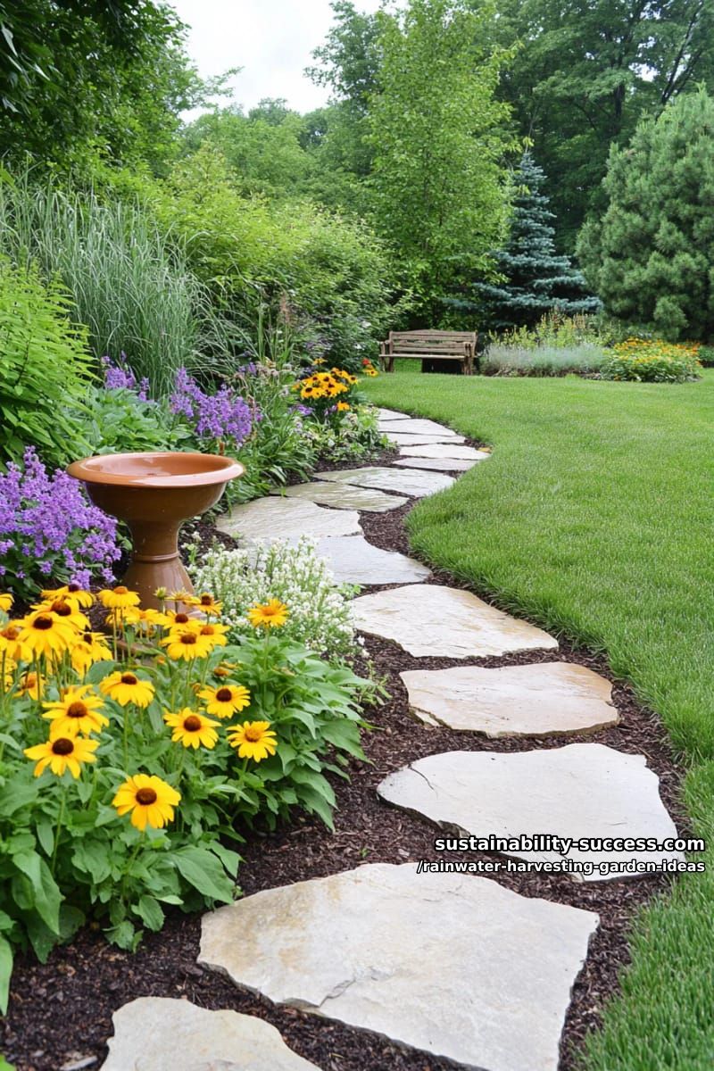 swale-lined stone pathway directing overflow into a pollinator rain garden 1