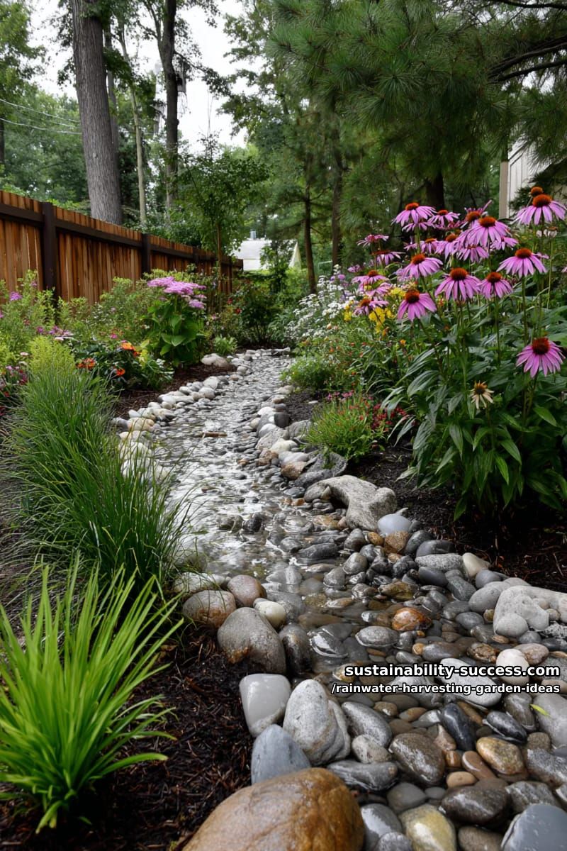 swale-lined stone pathway directing overflow into a pollinator rain garden 1