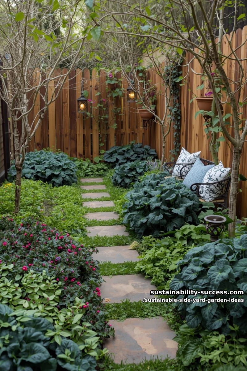 symmetrical stone paths flanked by wild berry bushes and perennial kale 1