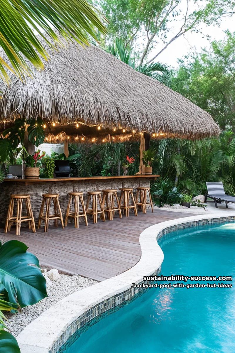 15 Dreamy Backyard Pool with Garden Hut Ideas to Inspire 13 thatched tiki bar hut with hanging plants beside lagoon-style pool. 1