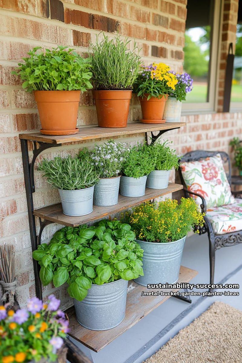 three-tiered galvanized buckets bursting with herbs on a rustic wooden shelf 1