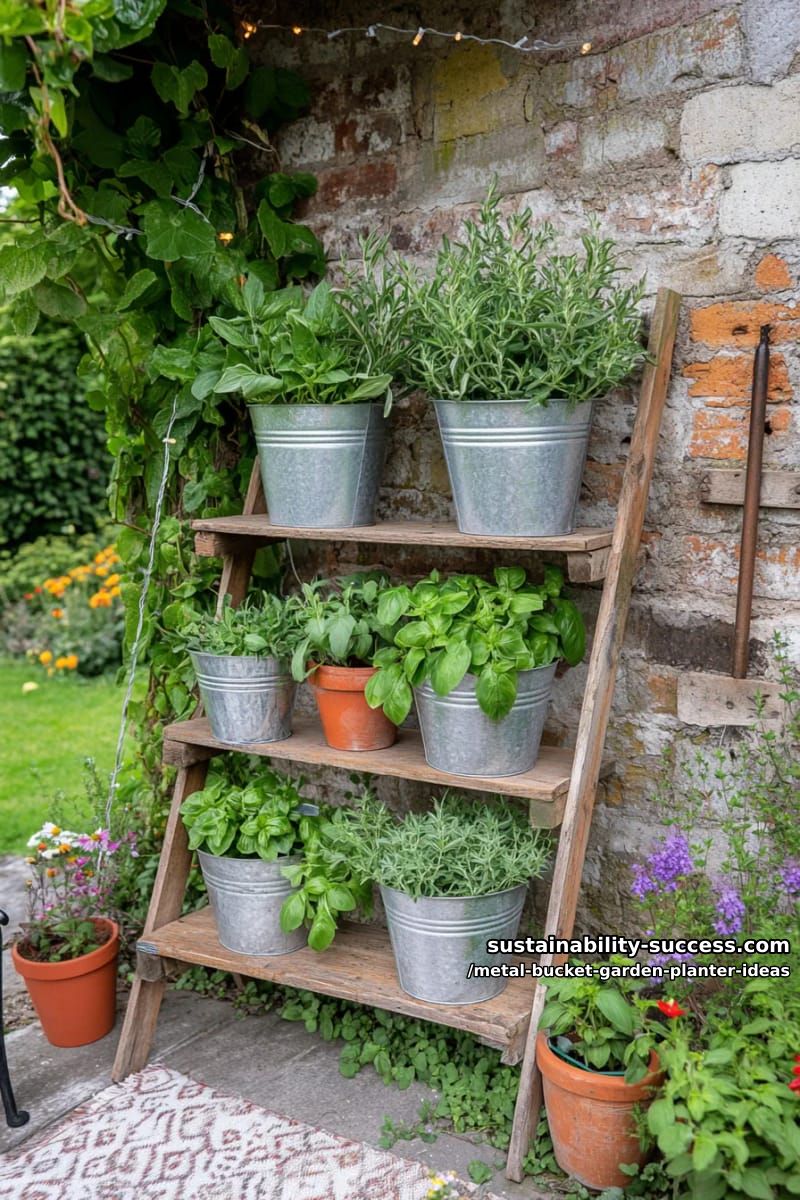 three-tiered galvanized buckets bursting with herbs on a rustic wooden shelf 1