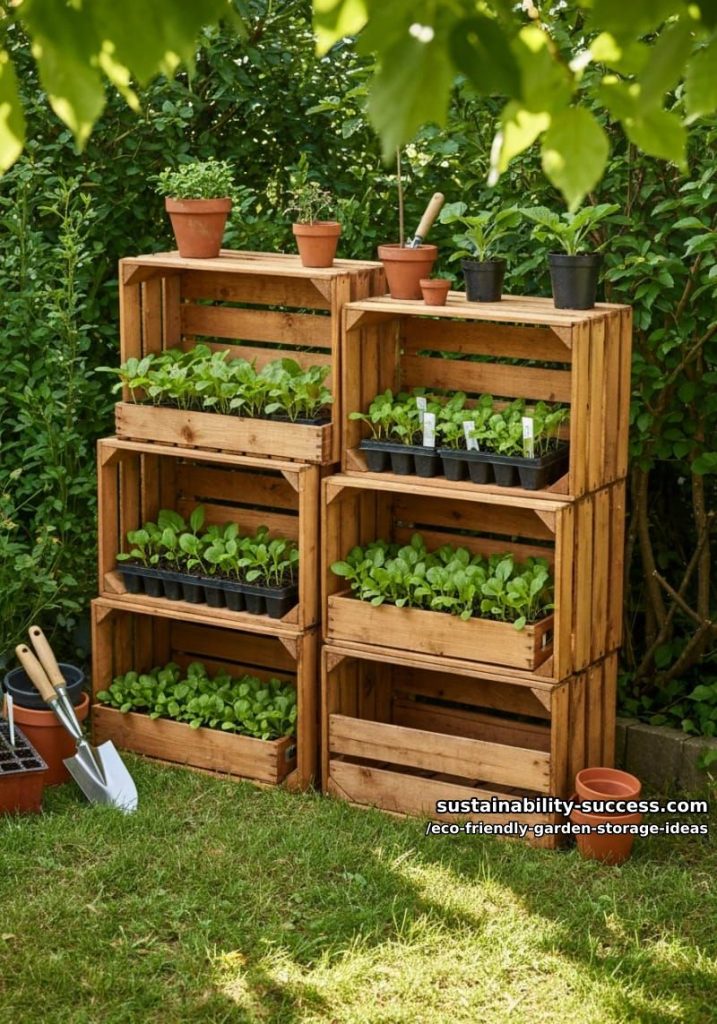 tiered crate shelving stained with natural, non-toxic finishes for seedling trays 29