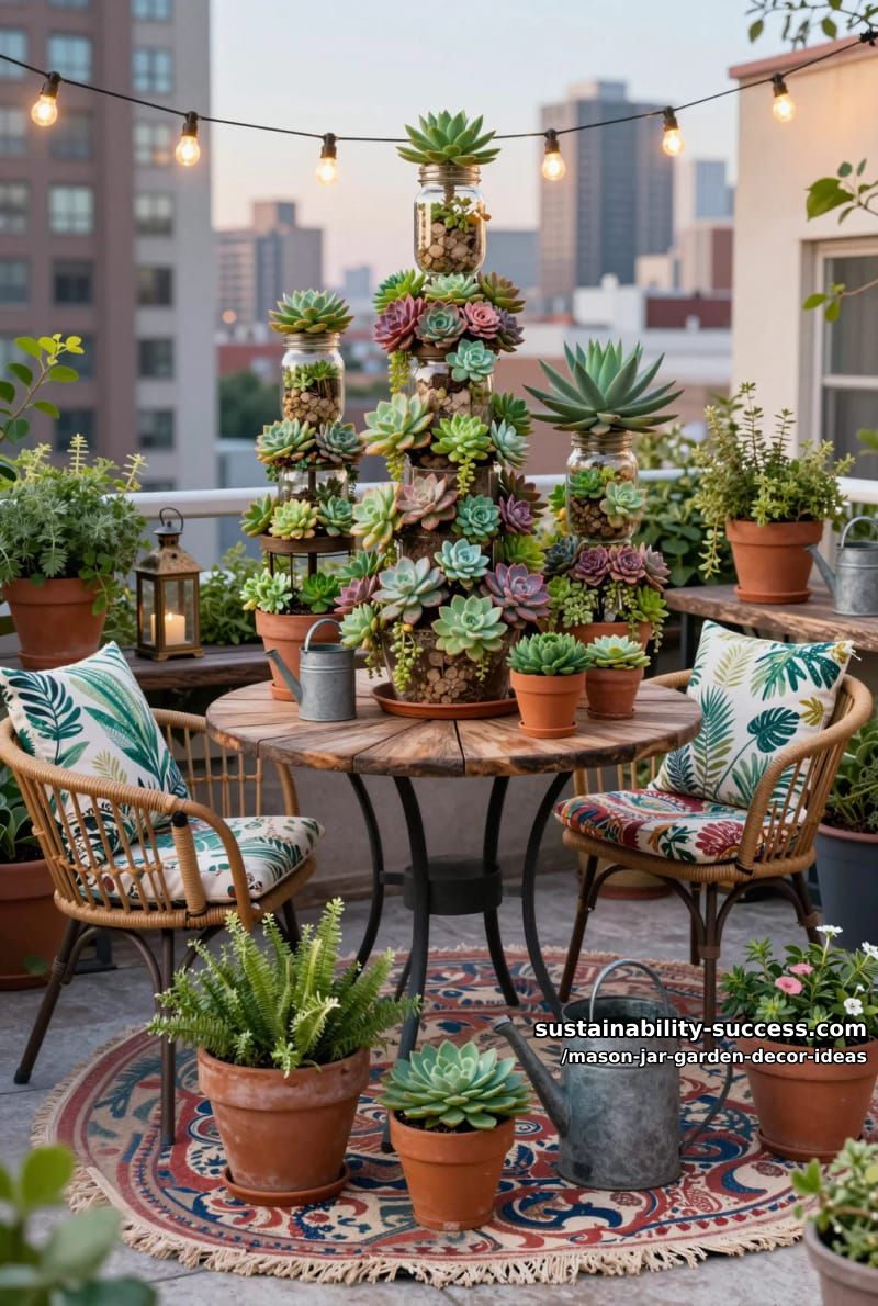 tiered mason jar succulent towers for a compact lush terrace feature 1