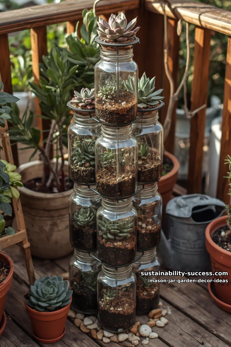 tiered mason jar succulent towers for a compact lush terrace feature 1
