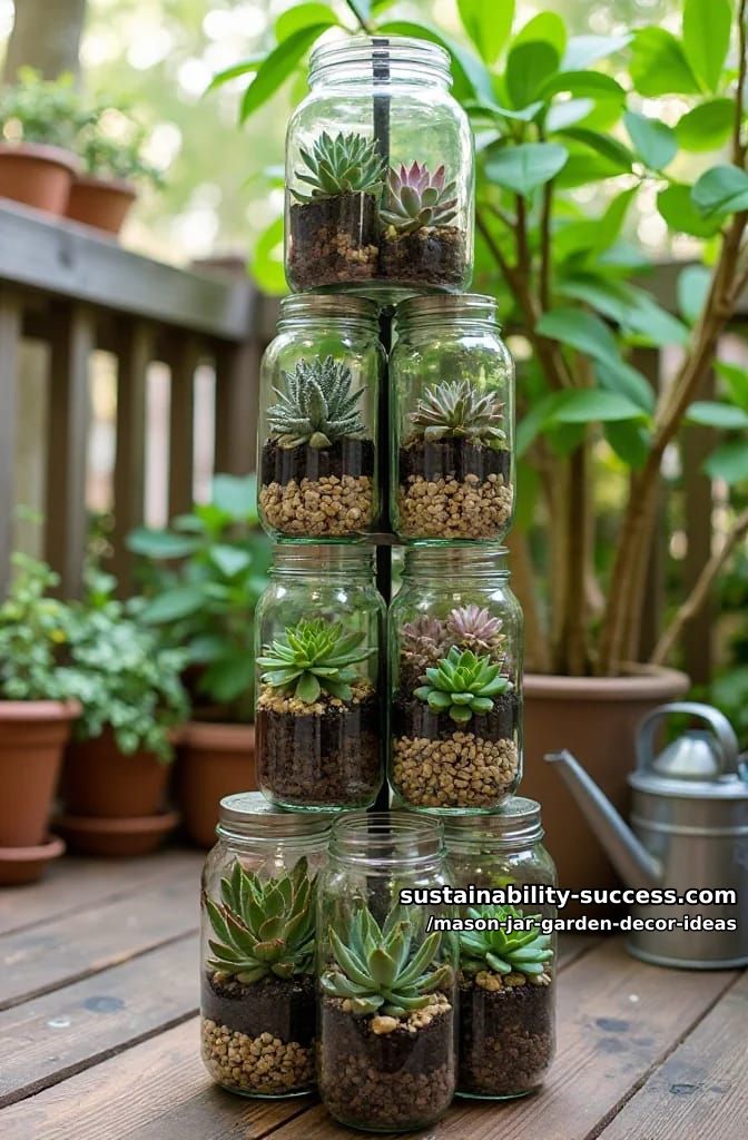 tiered mason jar succulent towers for a compact lush terrace feature 1