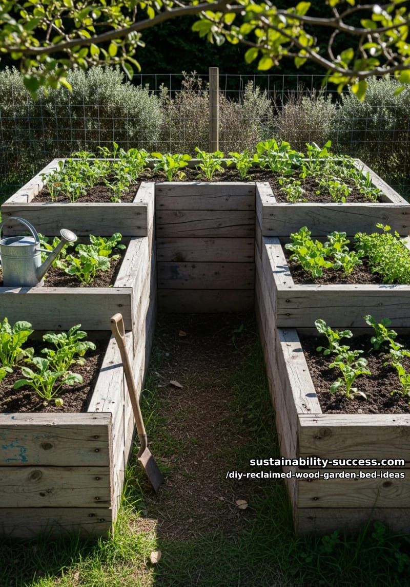 15 DIY Reclaimed Wood Garden Bed Ideas for Vibrant Backyards 17 tiered u-shaped vegetable beds built from mismatched reclaimed planks 1