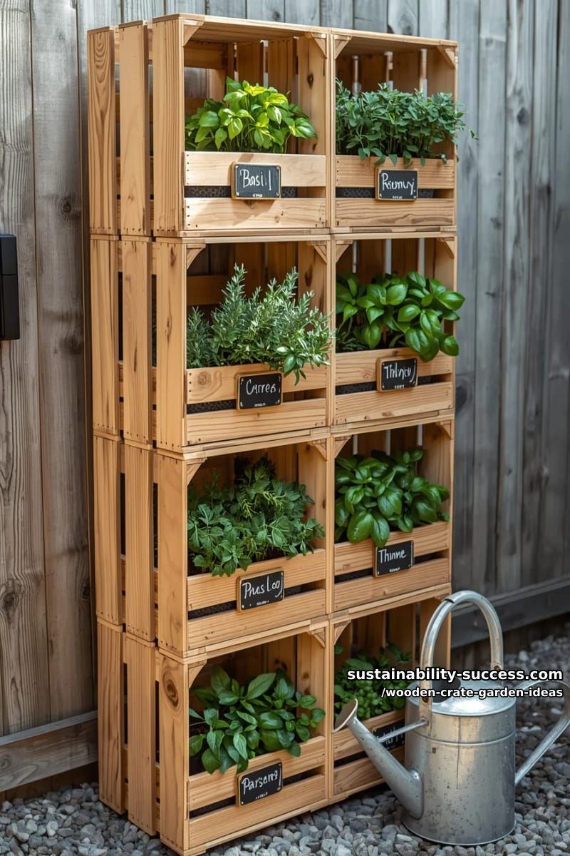 tiered vertical herb garden using stacked wooden crates and chalkboard labels 1