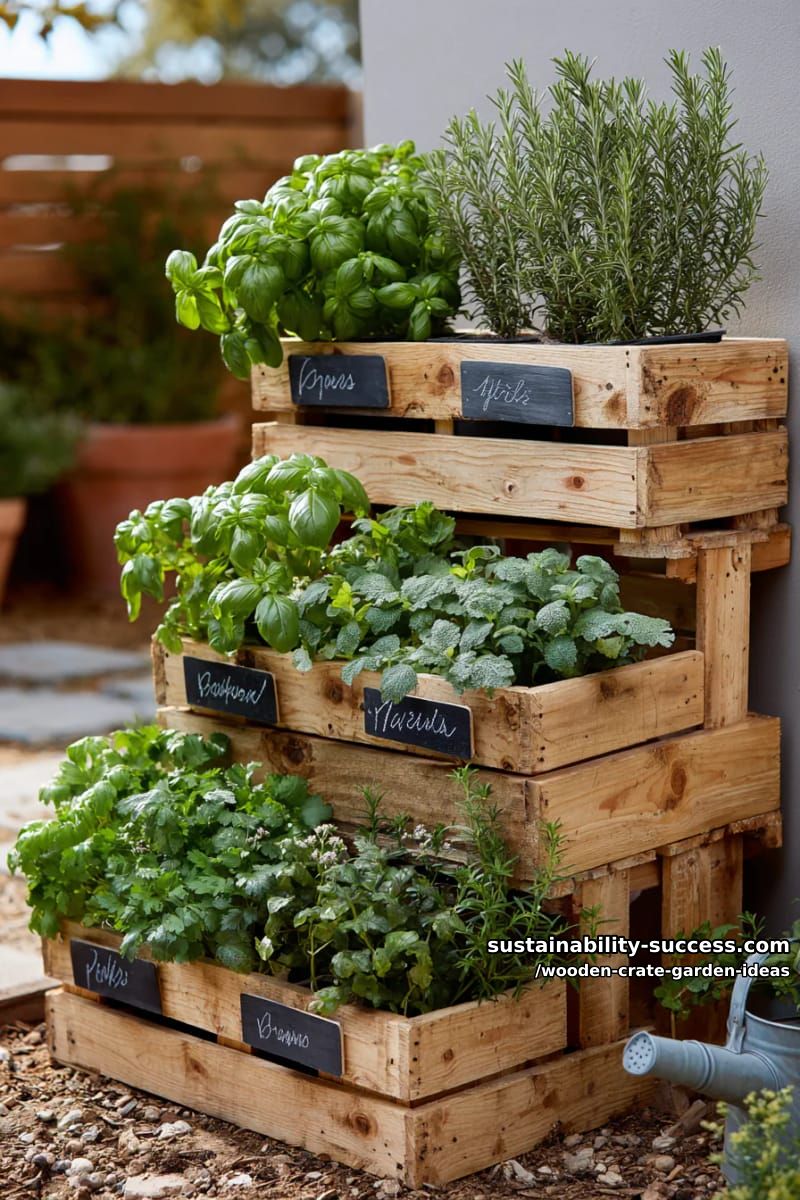 tiered vertical herb garden using stacked wooden crates and chalkboard labels 1
