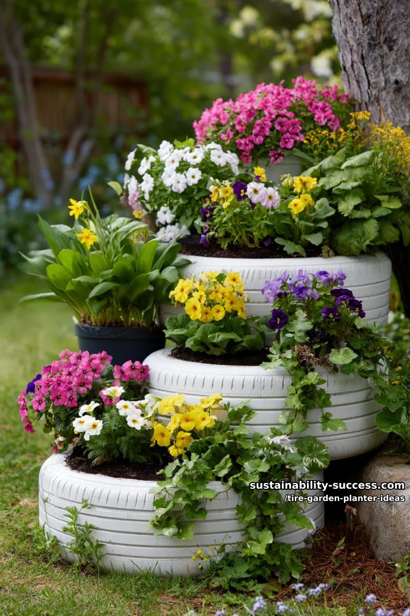 tiered white tire garden overflowing with spring flowers and lush foliage 1
