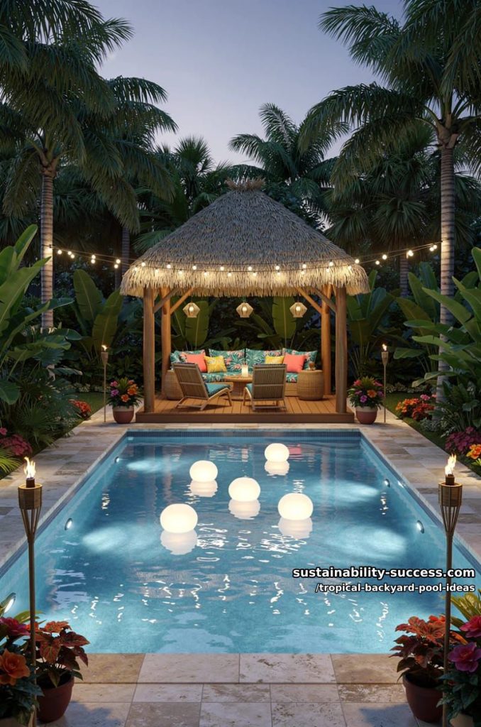 Sustainability Success 9 tiki hut cabana with string lights and floating pool lanterns 16