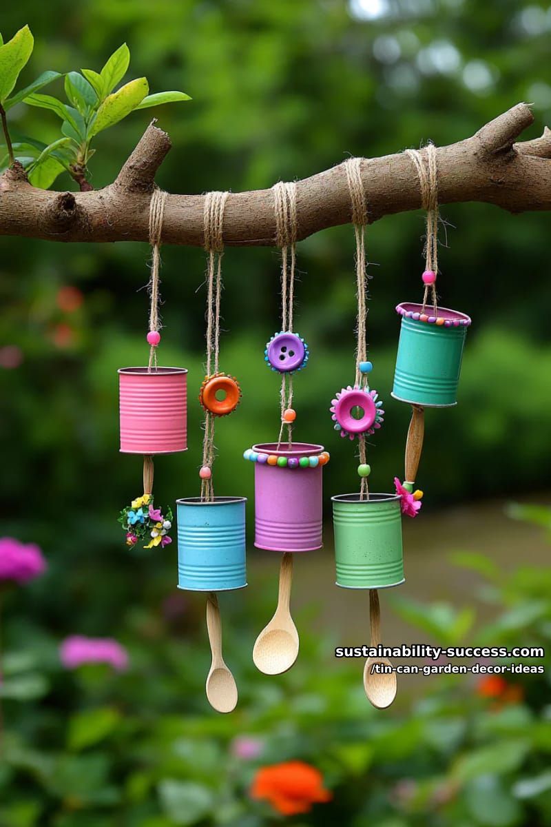 tin can wind chimes adorned with beads, buttons, and wooden spoons 1