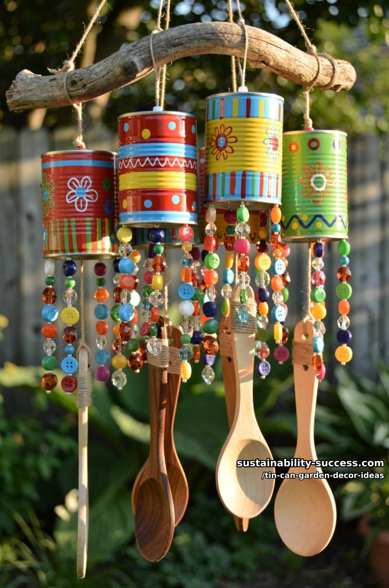 tin can wind chimes adorned with beads, buttons, and wooden spoons 1