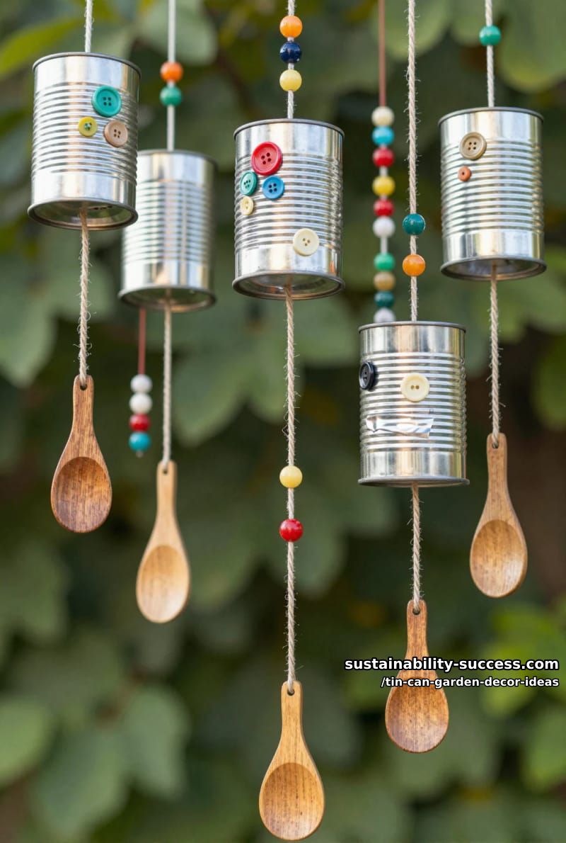 tin can wind chimes adorned with beads, buttons, and wooden spoons 1