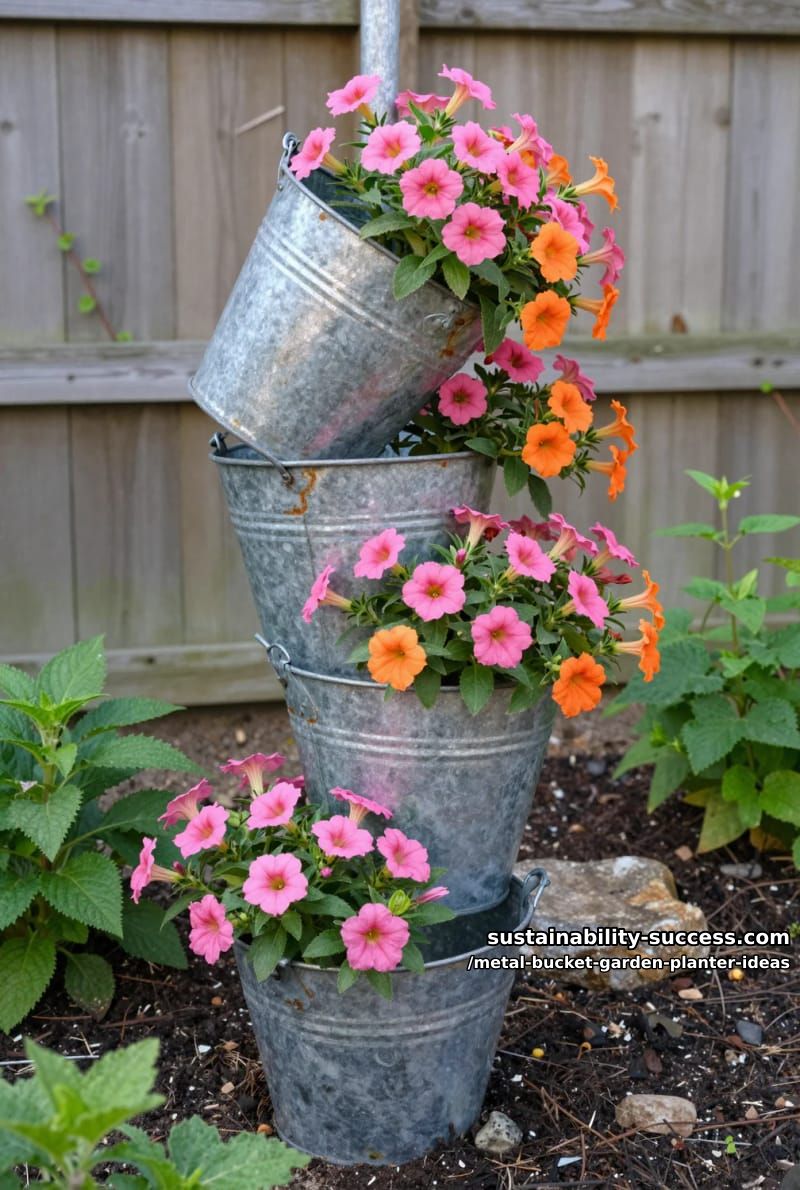 tipsy bucket arrangement cascading with pink and orange calibrachoa flowers 1