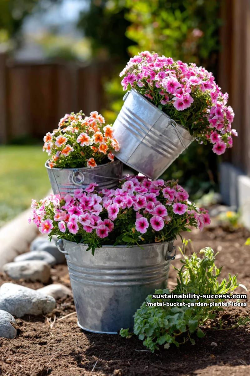 tipsy bucket arrangement cascading with pink and orange calibrachoa flowers 1