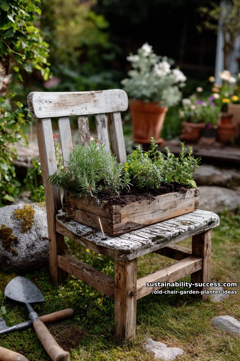 transform a broken chair into a rustic herb garden bench planter 1