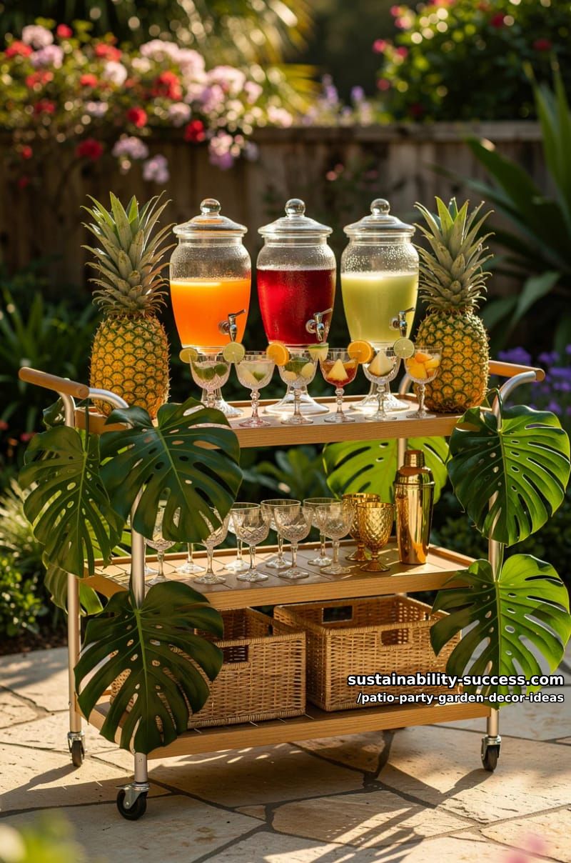 tropical-themed patio bar cart adorned with pineapples and monstera leaves 1