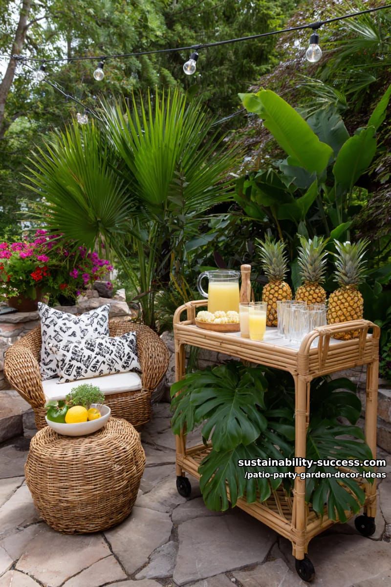 tropical-themed patio bar cart adorned with pineapples and monstera leaves 1