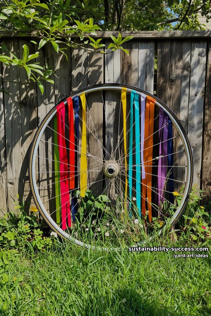 upcycled bicycle wheel with trailing ribbons 1