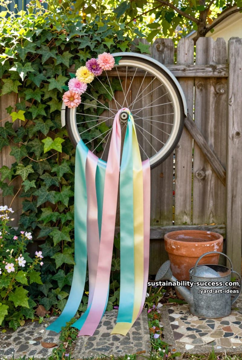 upcycled bicycle wheel with trailing ribbons 1