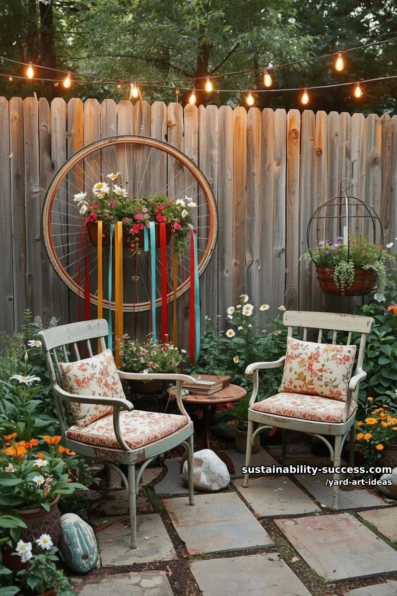 upcycled bicycle wheel with trailing ribbons 1