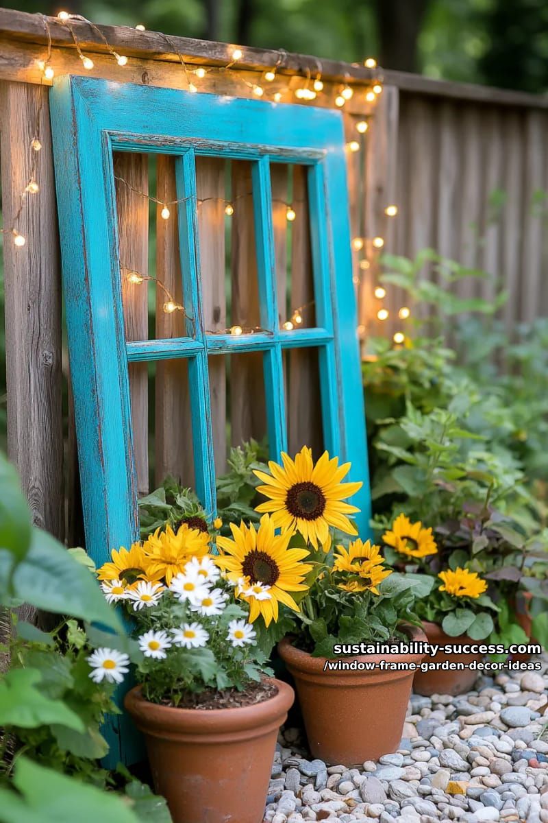 upcycled blue frame with sunflowers and twinkle lights for a cheerful vibe 1
