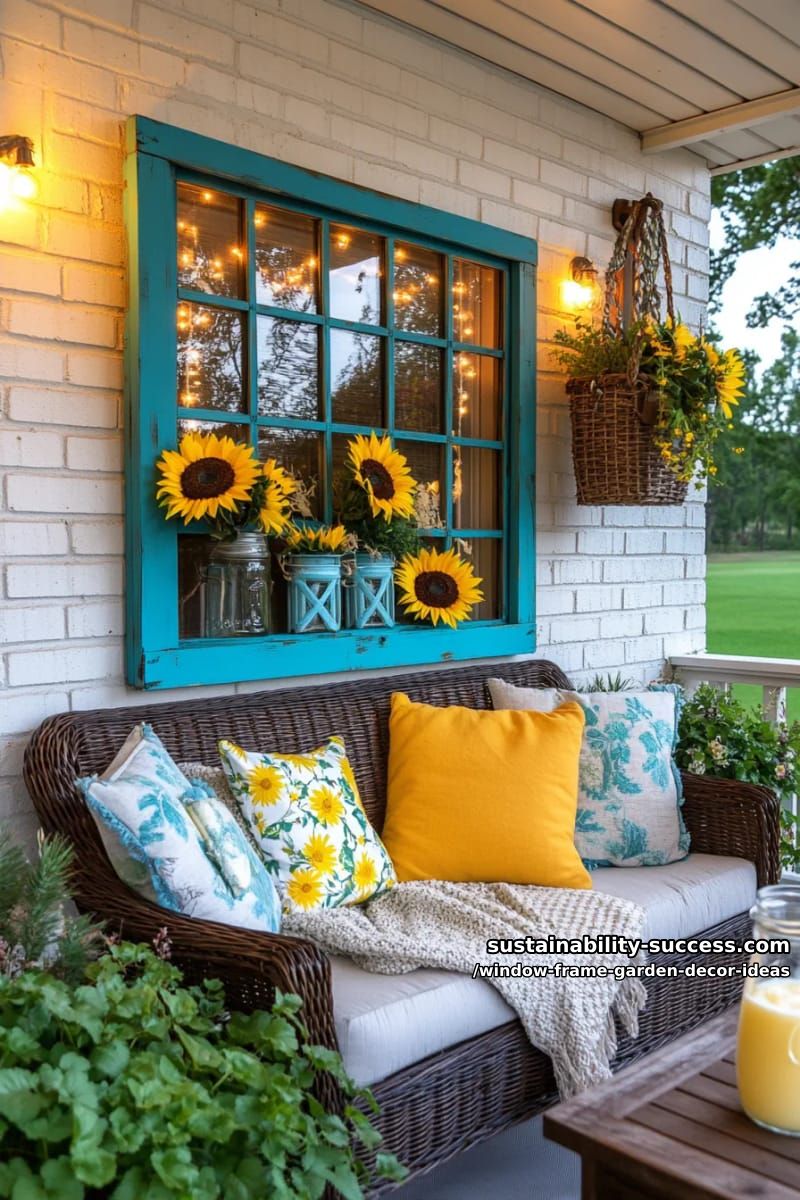 upcycled blue frame with sunflowers and twinkle lights for a cheerful vibe 1