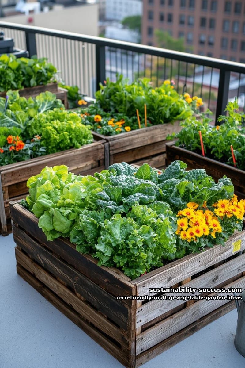 upcycled crate planters filled with leafy greens and companion flowers 1