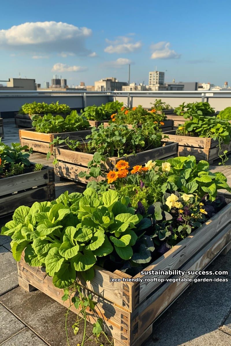 upcycled crate planters filled with leafy greens and companion flowers 1