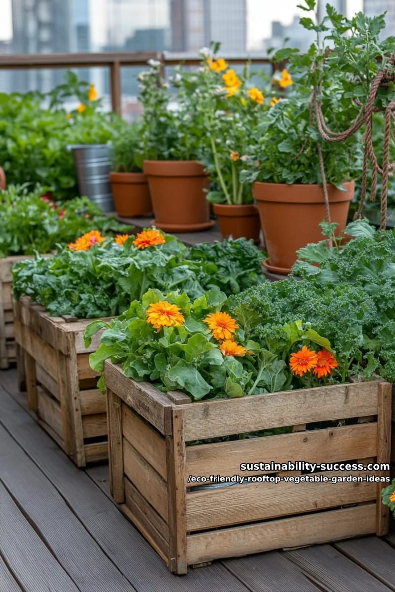 upcycled crate planters filled with leafy greens and companion flowers 1