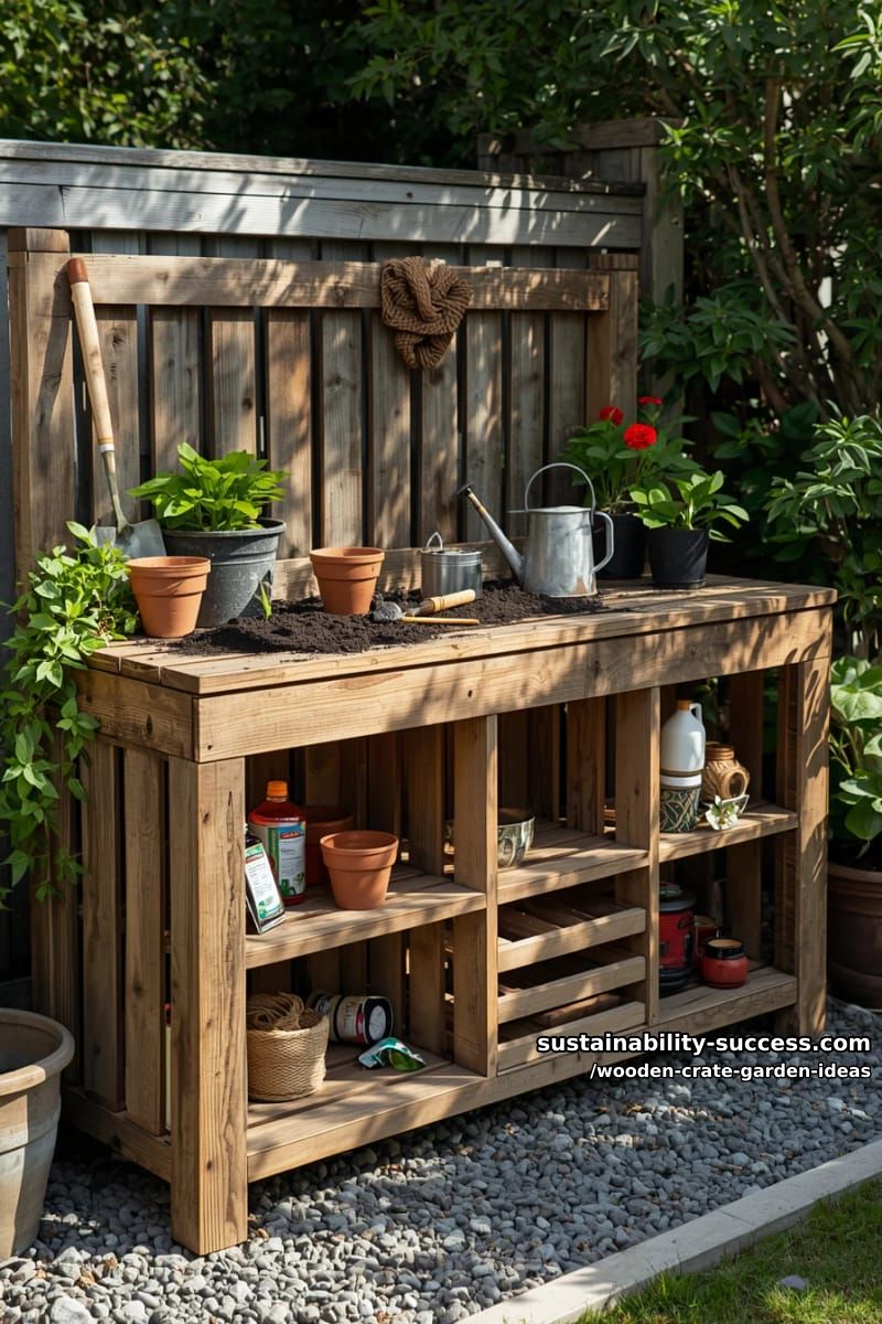 upcycled crates turned into a rustic plant potting bench station 1