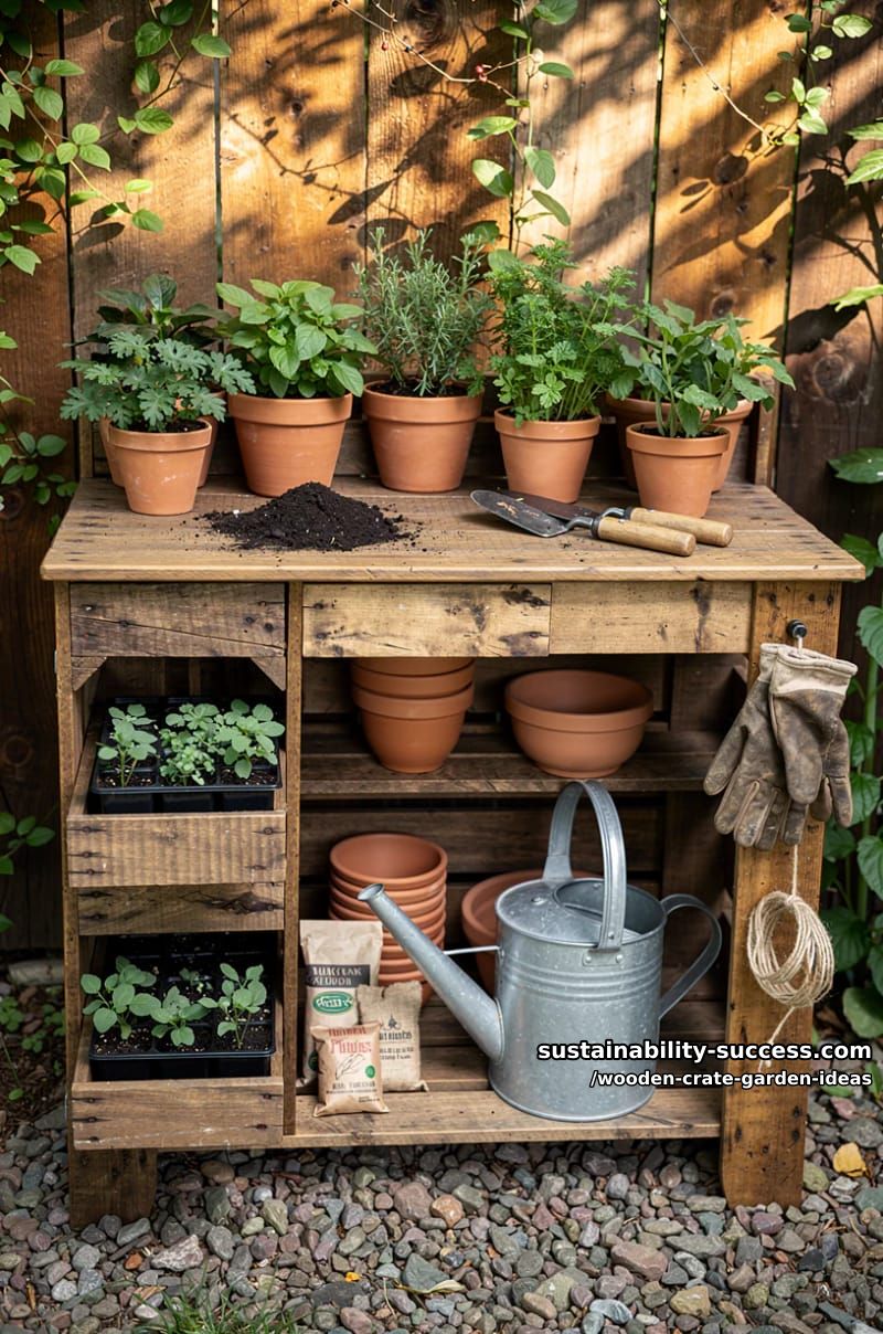upcycled crates turned into a rustic plant potting bench station 1
