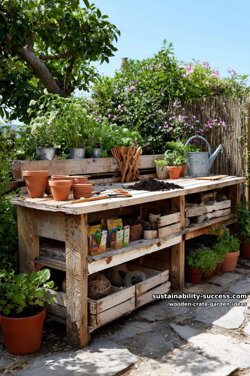 upcycled crates turned into a rustic plant potting bench station 1