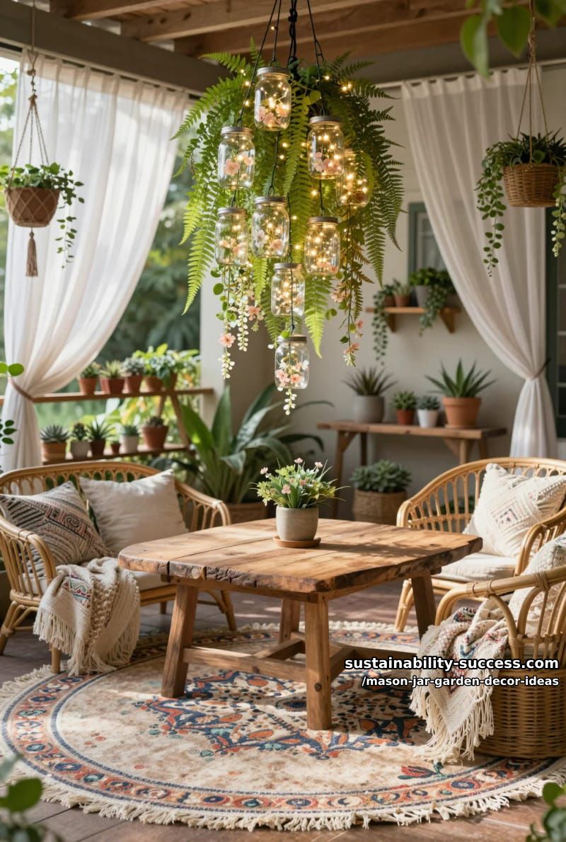 upcycled mason jar chandelier with cascading greenery and tiny blooms 1