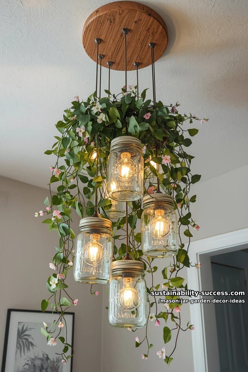 upcycled mason jar chandelier with cascading greenery and tiny blooms 1