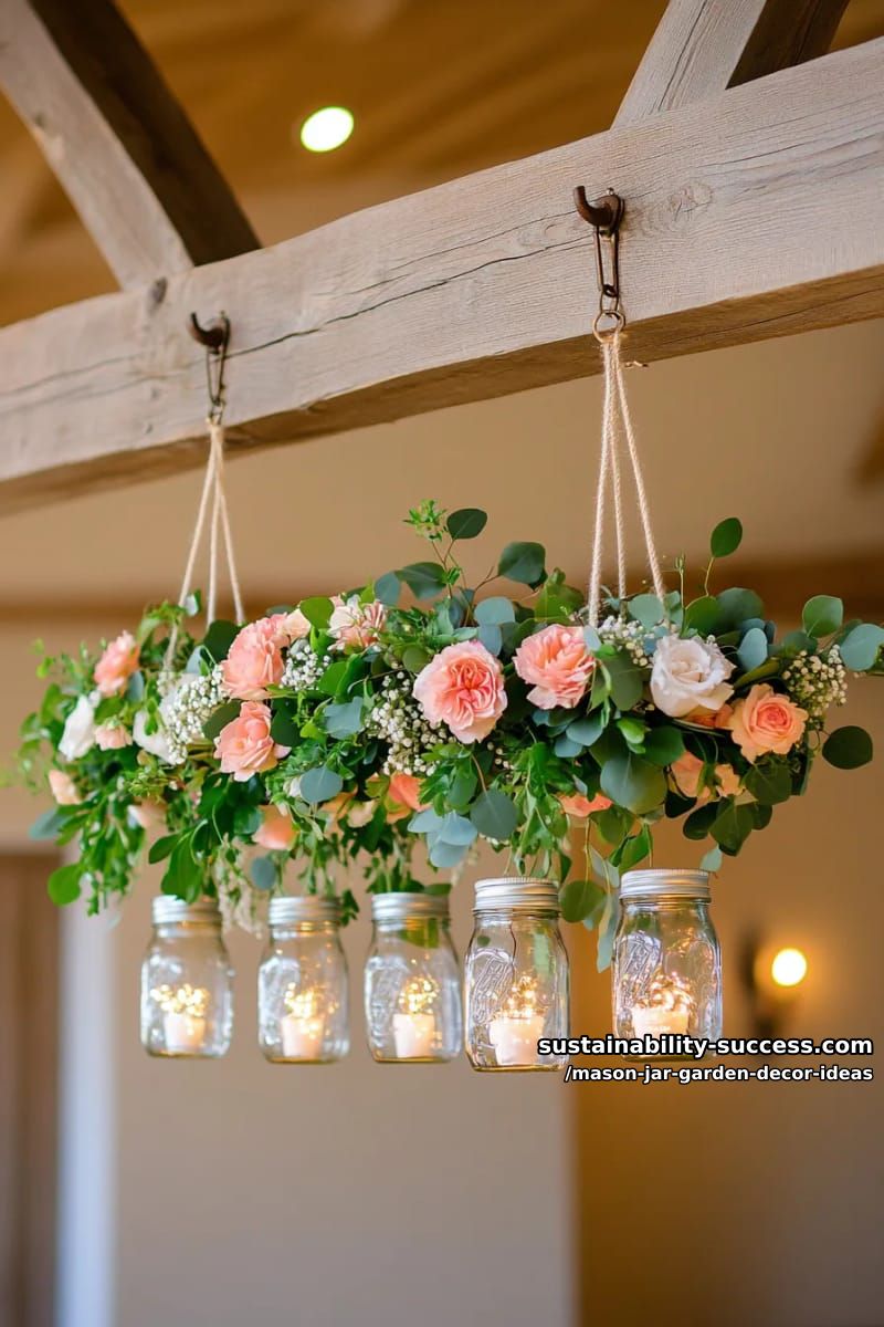 upcycled mason jar chandelier with cascading greenery and tiny blooms 1