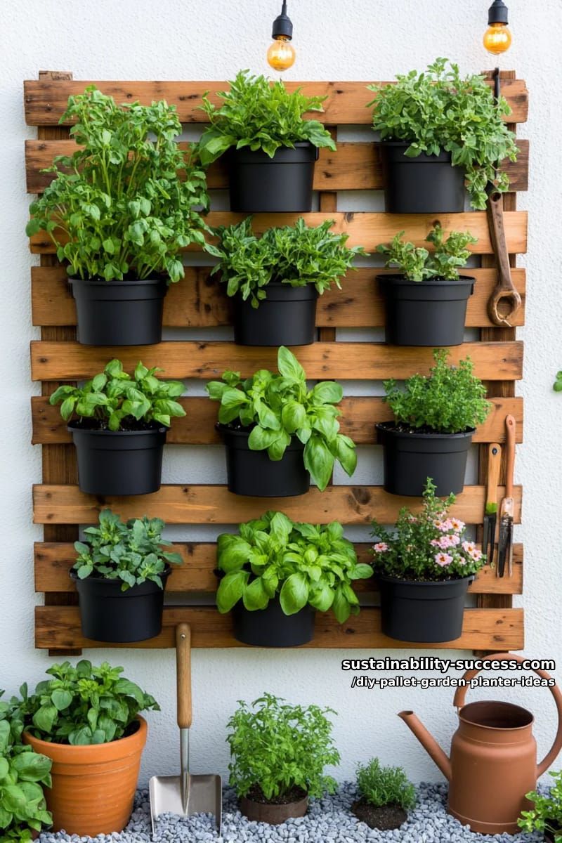 upcycled pallet vertical garden with modular self-watering pots 1