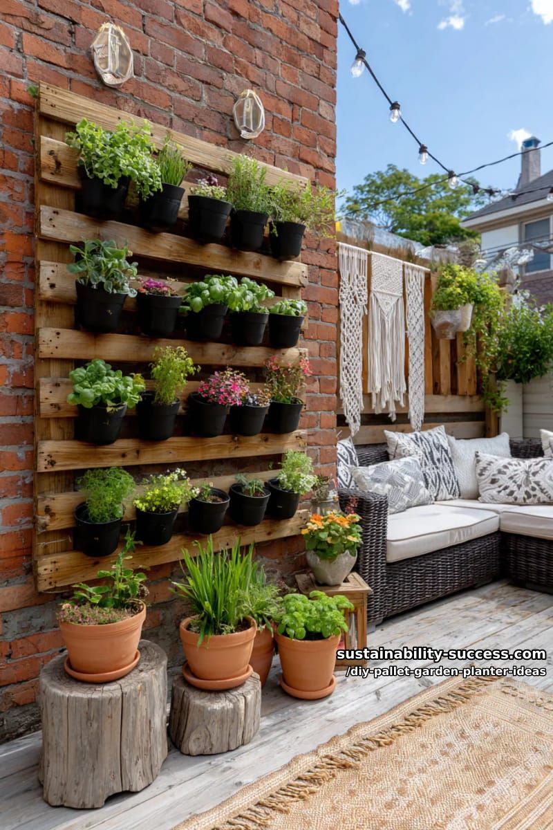 upcycled pallet vertical garden with modular self-watering pots 1