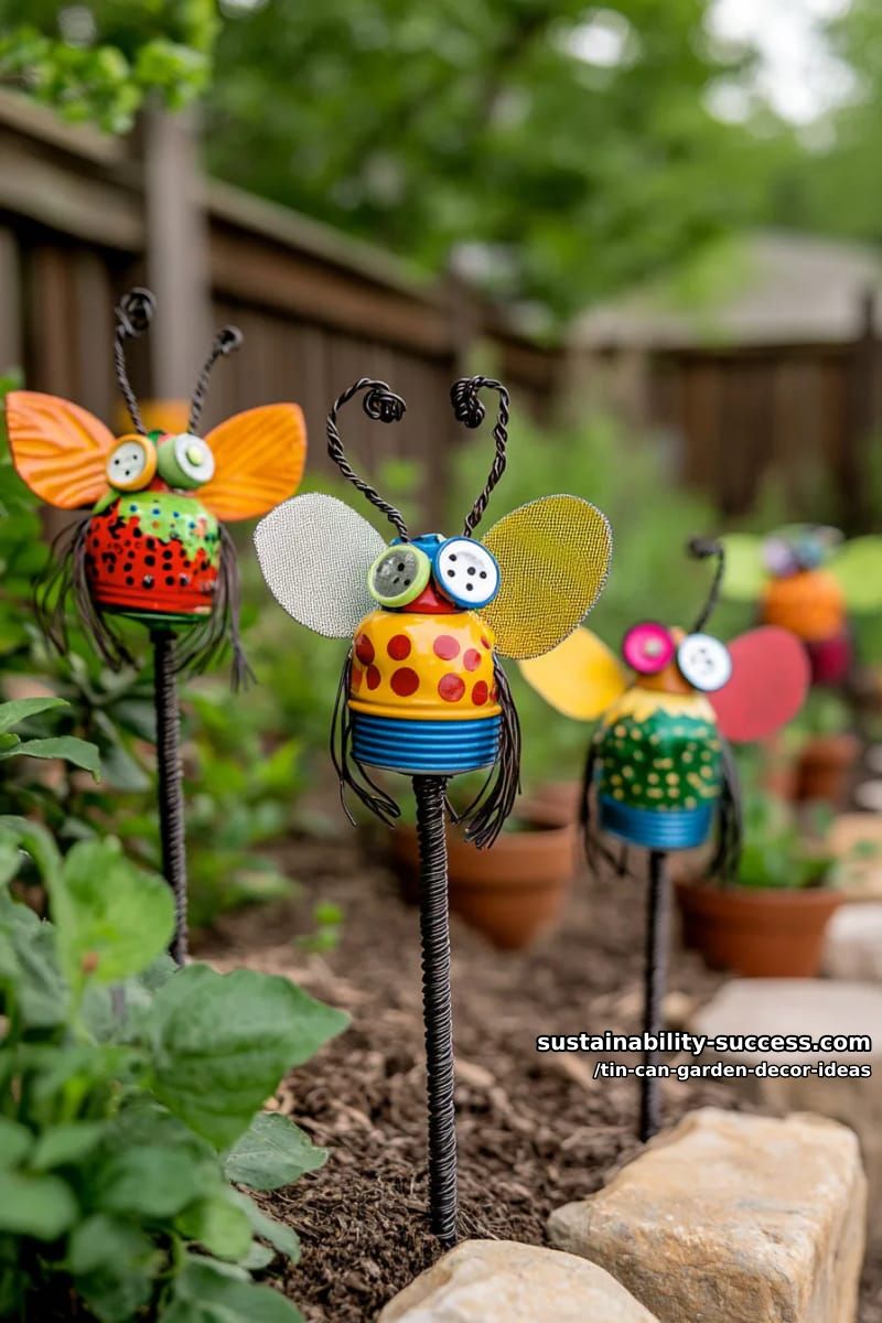 upcycled tin can bug sculptures with wire legs for quirky plant stakes 1