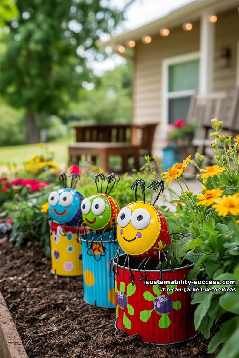 upcycled tin can bug sculptures with wire legs for quirky plant stakes 1